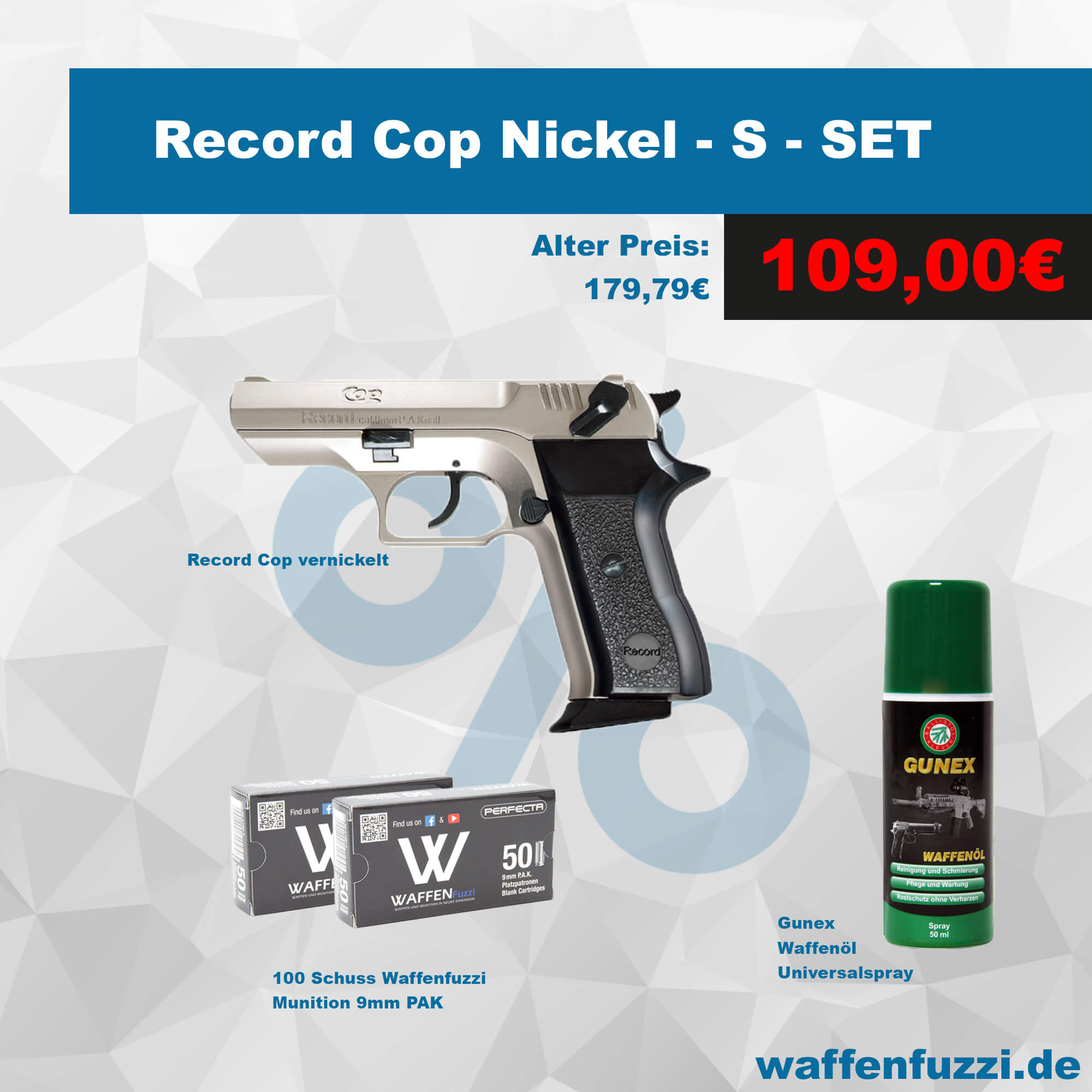 Record Cop NICKEL Schreckschusspistolen Set "S" Kaliber 9mm PAK